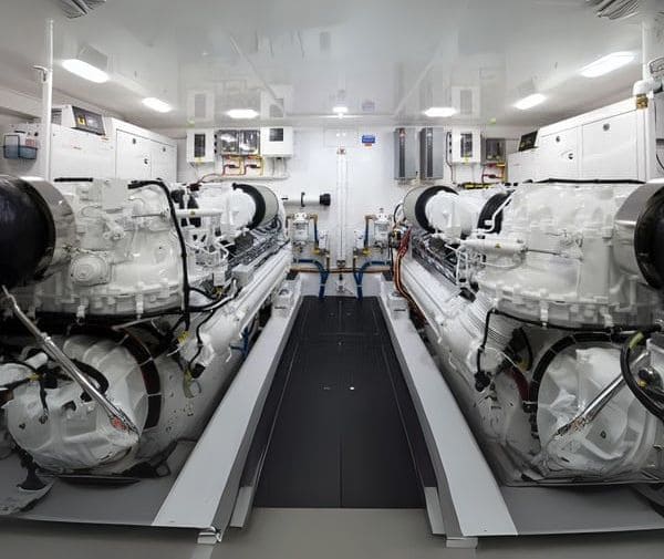 sala motori navale con due motori diesel di grandi dimensioni